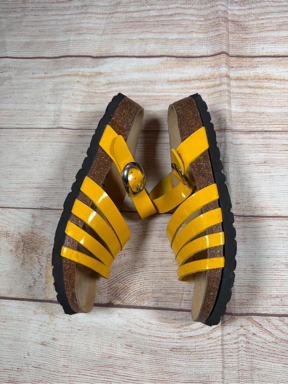 Betula Birkenstock Yellow Patent Strappy Slide Sandals - Picture 4 of 10